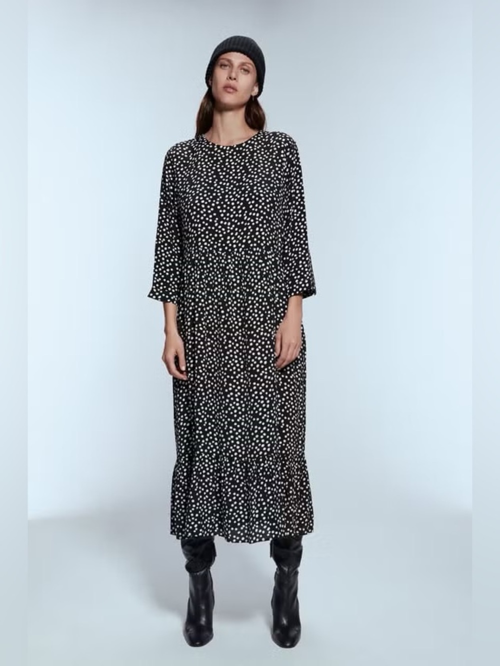 Zara Black and White Polka Dot Midi Dress with Ruffle Hem